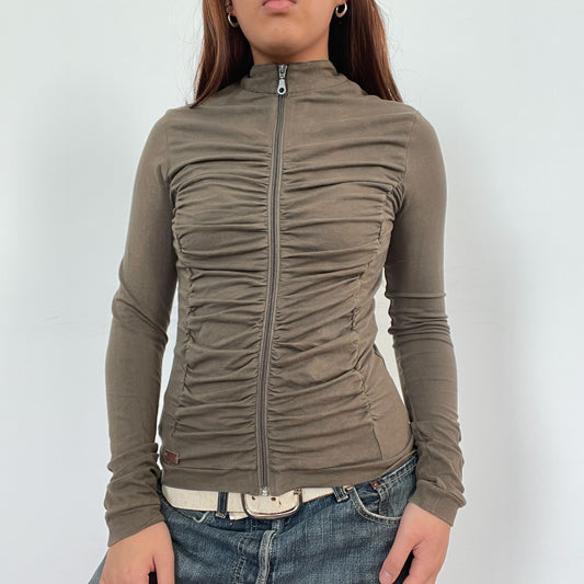 Vintage Khaki Ruched Zip Up Jumper