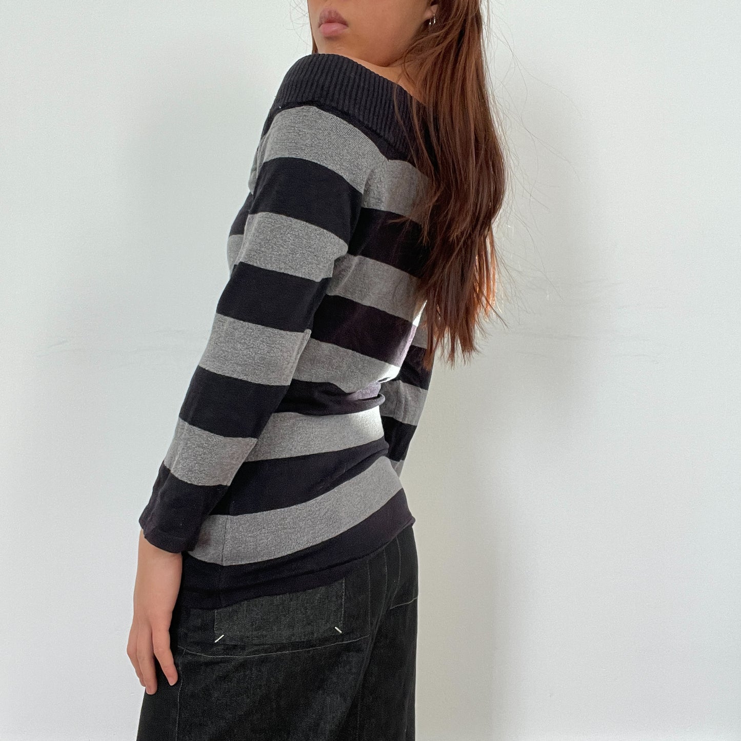 Vintage Grey Stripy Bardot Knit Jumper