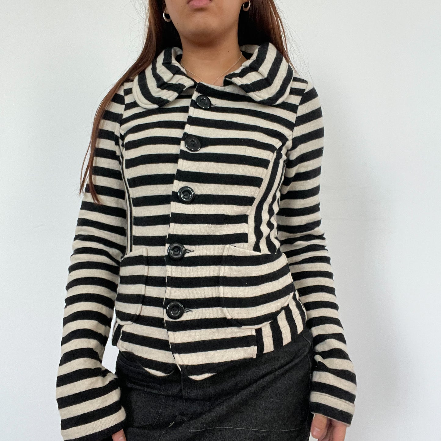 Vintage Black Cream Stripe Button Up Jacket