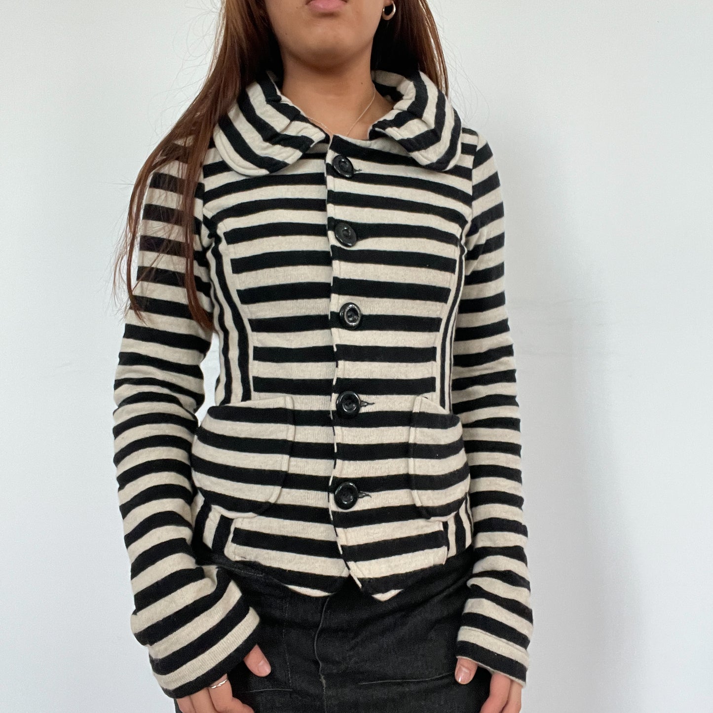 Vintage Black Cream Stripe Button Up Jacket
