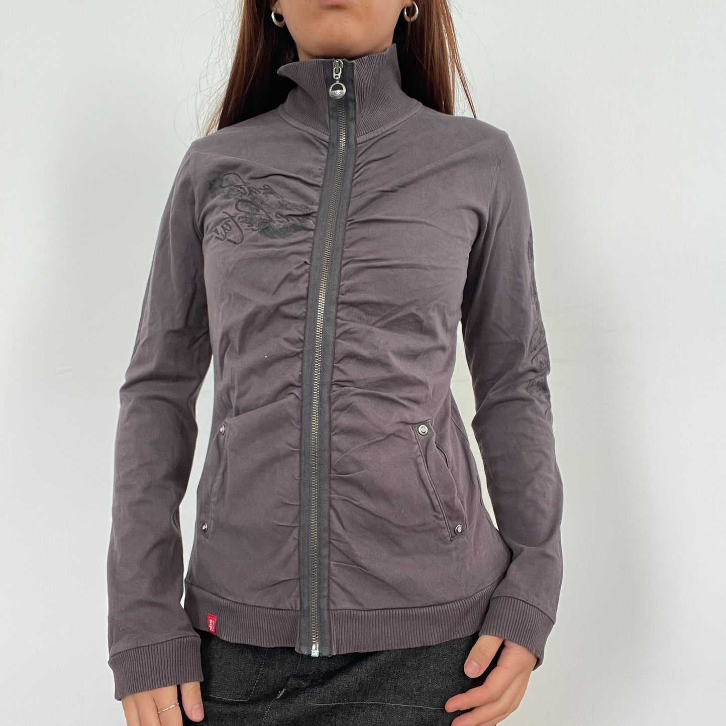 Vintage Purple Grey Zip Up Ruched Jumper