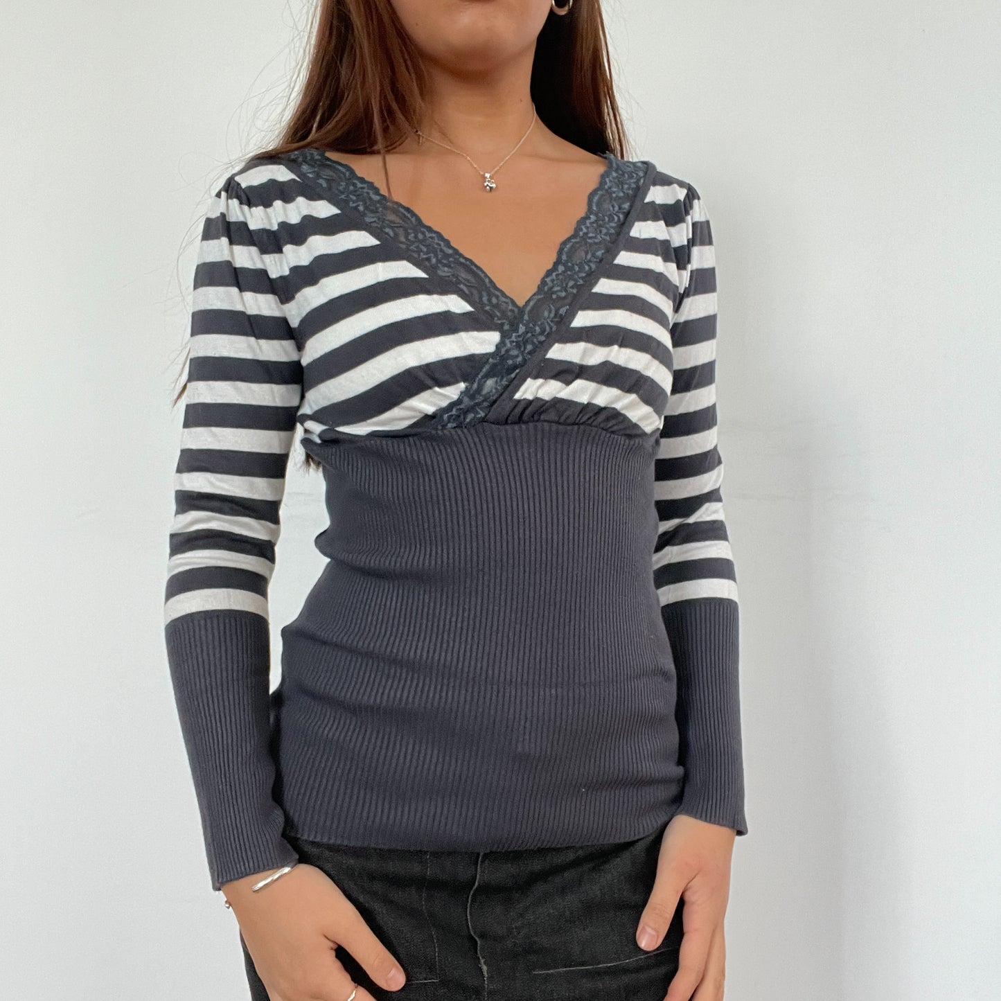 Dark Grey Stripe V-Neck knit jumper
