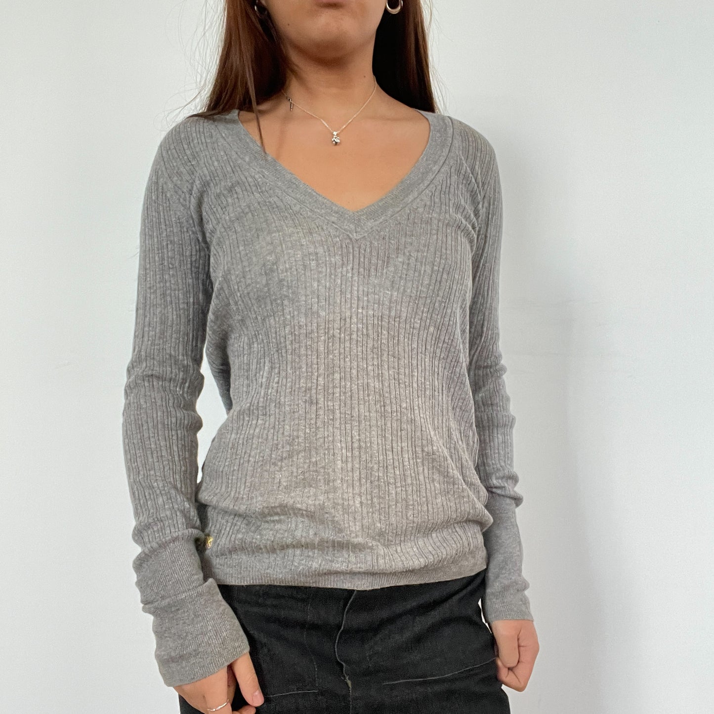 Vintage Grey Ribbed V-Neck Knit Jumper
