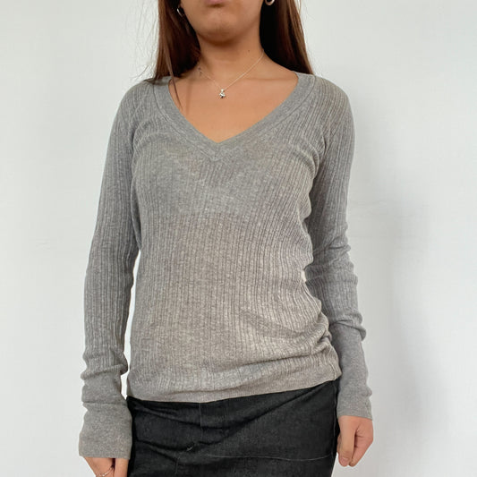 Vintage Grey Ribbed V-Neck Knit Jumper