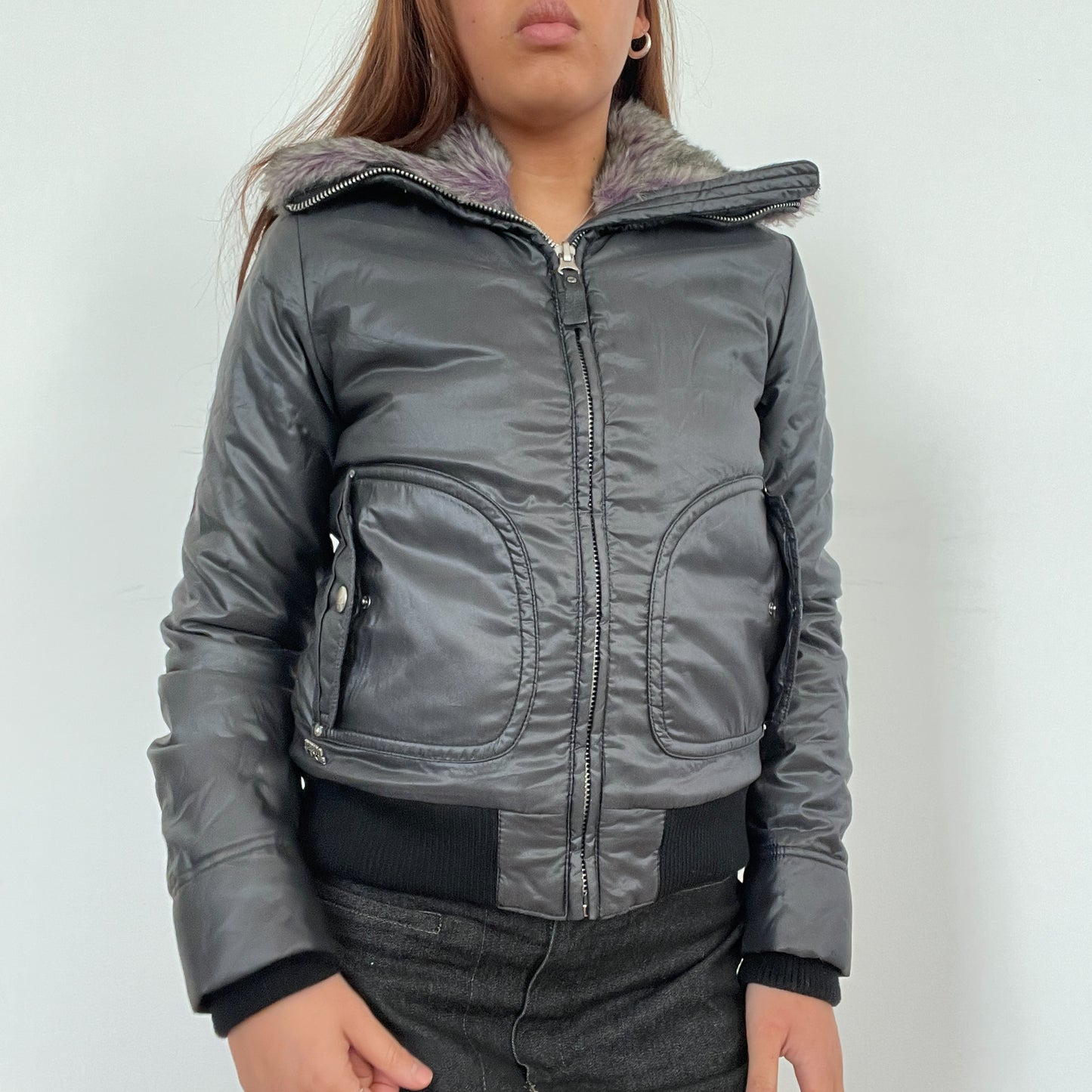 Vintage Dark Grey Bomber Puffer Jacket