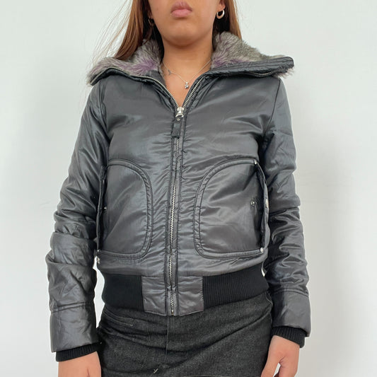 Vintage Dark Grey Bomber Puffer Jacket