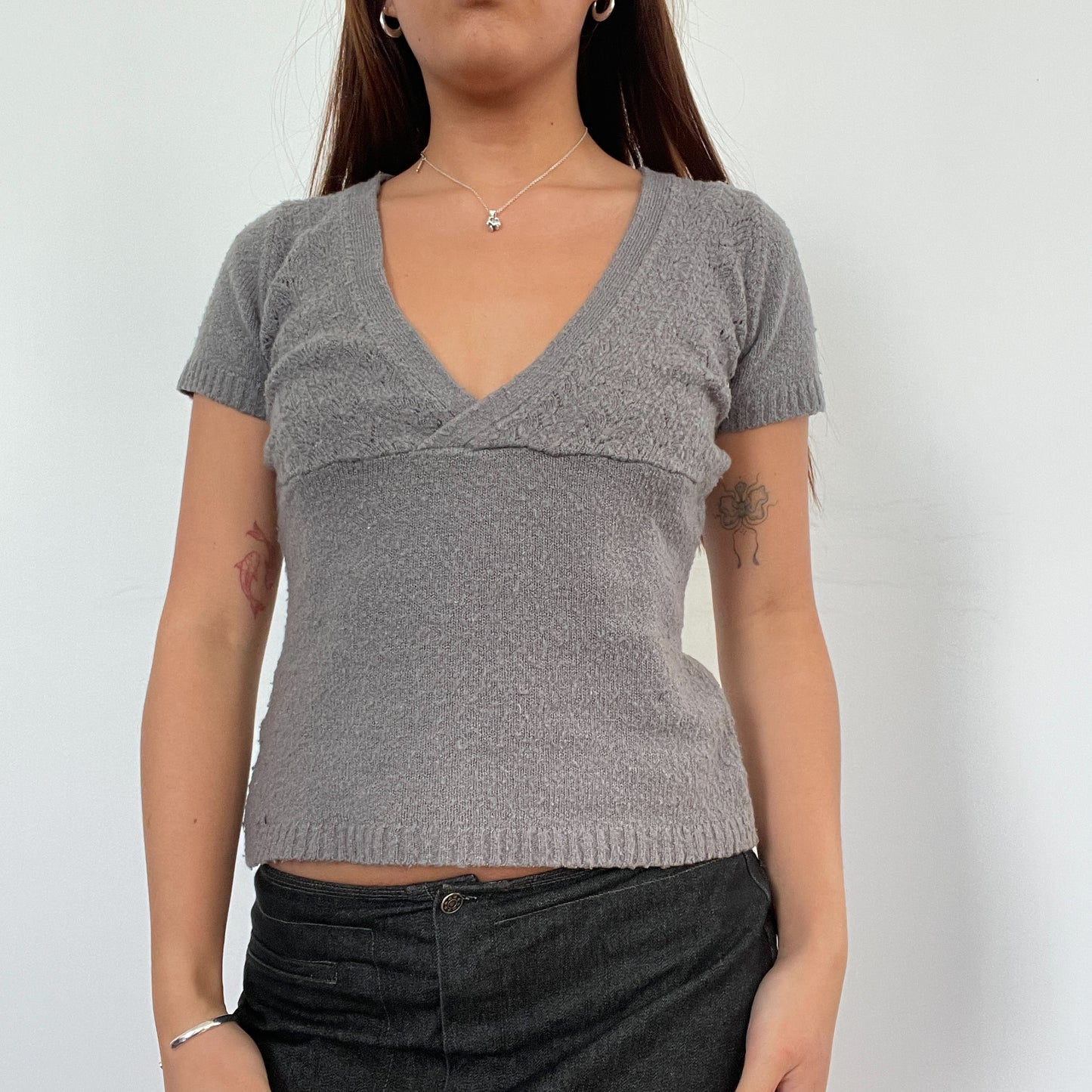 Vintage Grey V Neck Knit Top