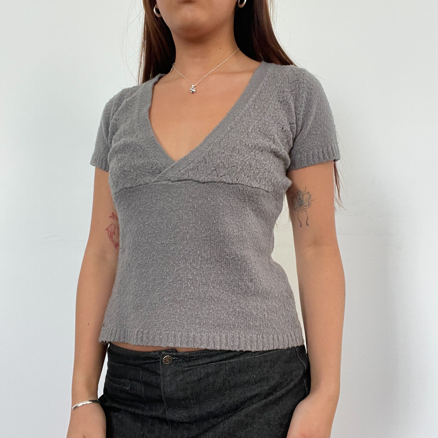 Vintage Grey V Neck Knit Top