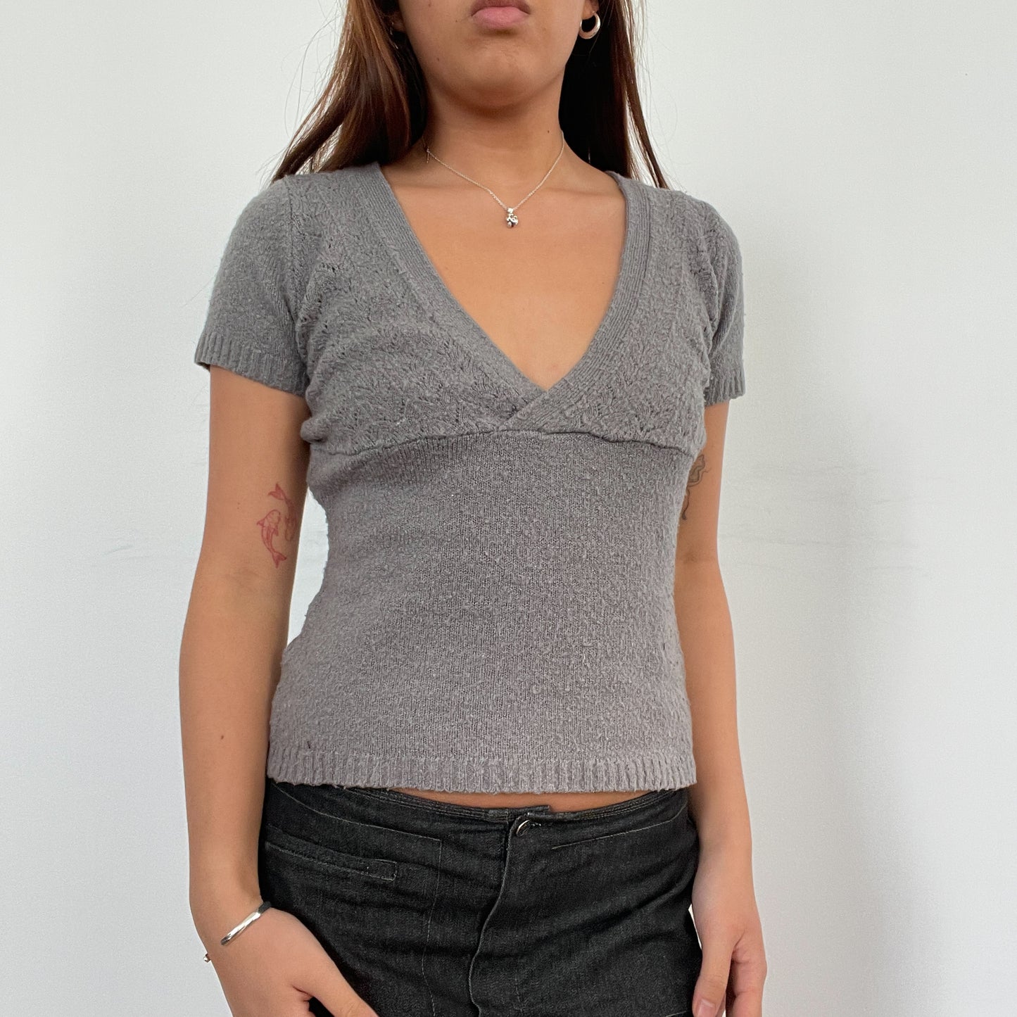Vintage Grey V Neck Knit Top