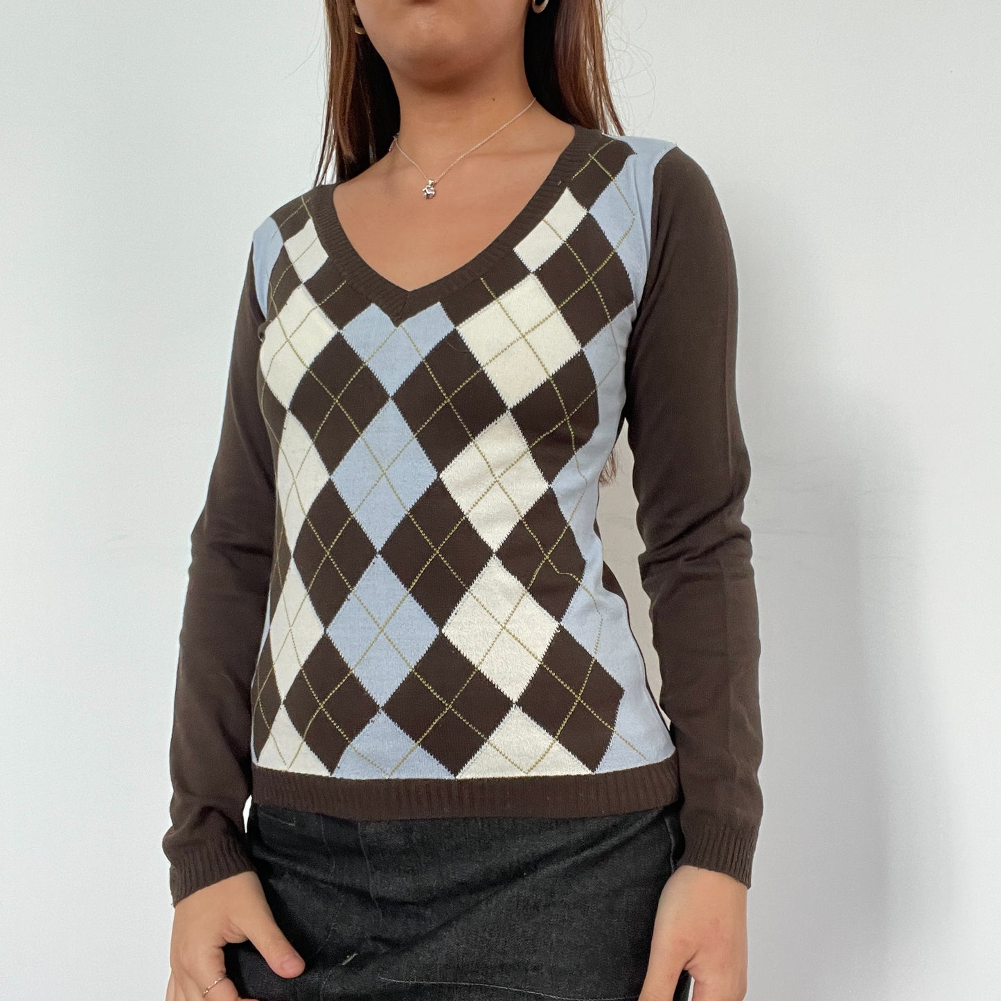 Vintage V-Neck Brown Argyle Jumper