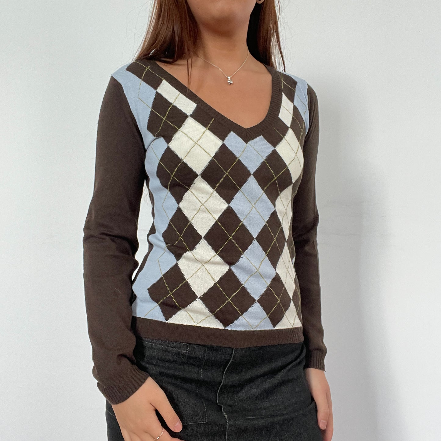 Vintage V-Neck Brown Argyle Jumper