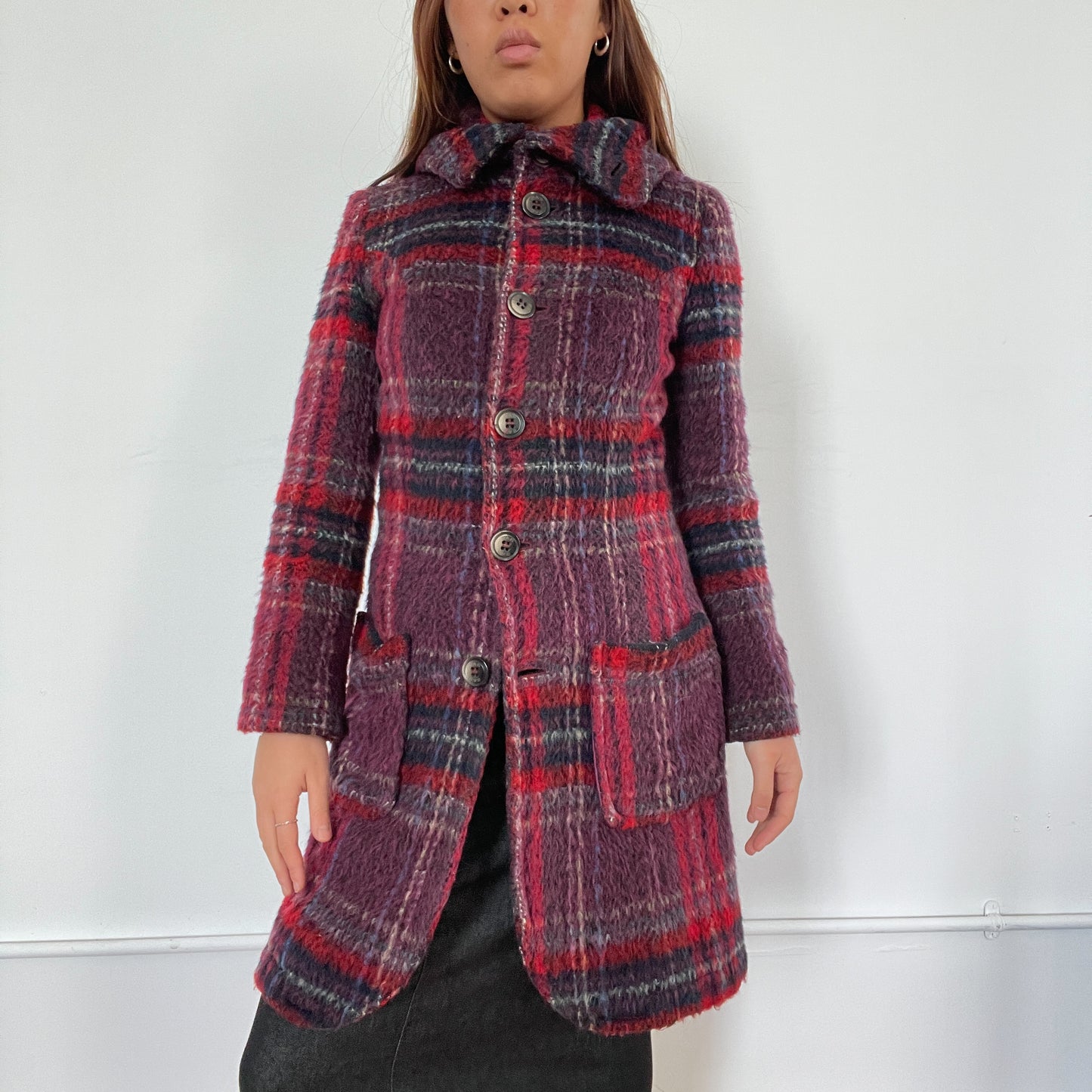 Vintage Red Purple Plaid Wool Coat