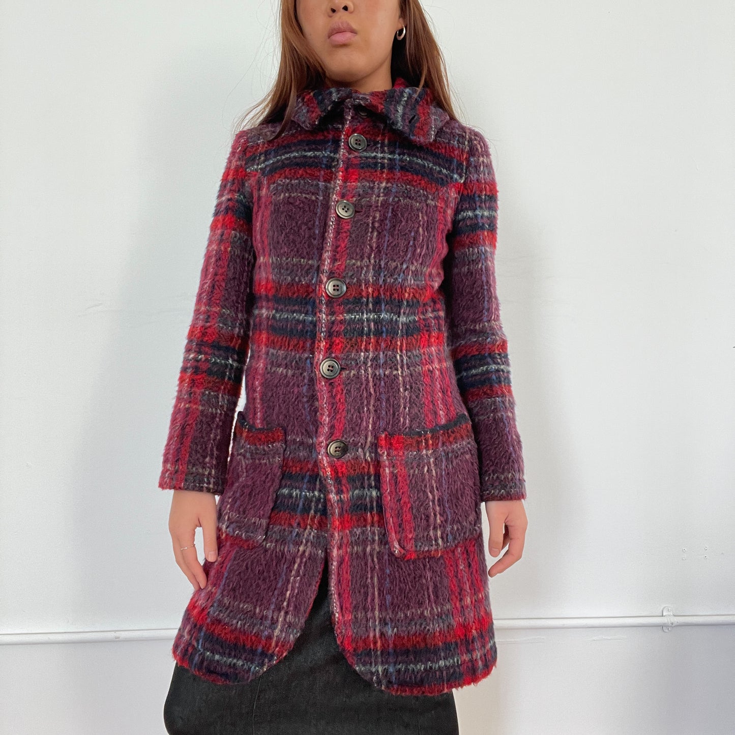 Vintage Red Purple Plaid Wool Coat