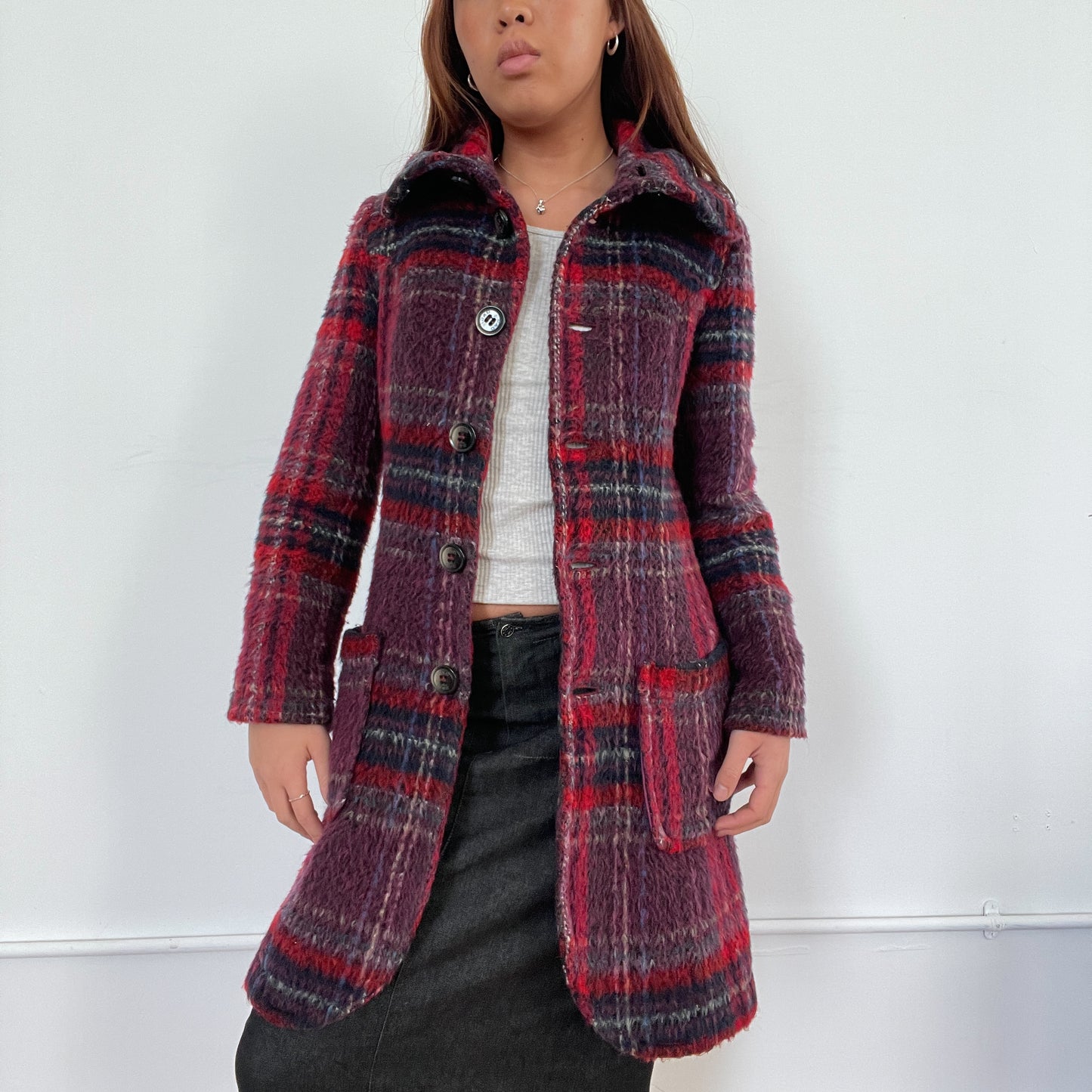 Vintage Red Purple Plaid Wool Coat