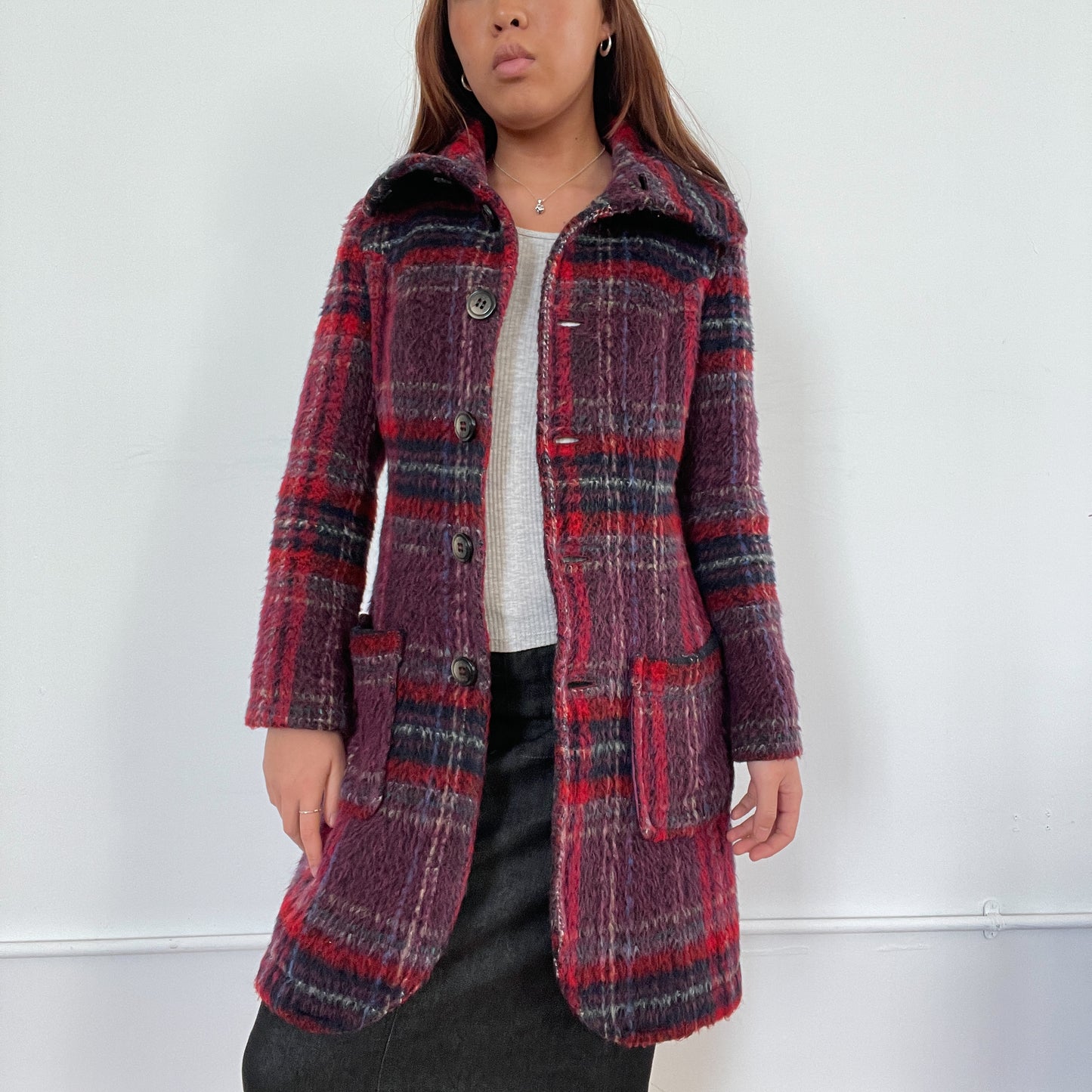 Vintage Red Purple Plaid Wool Coat
