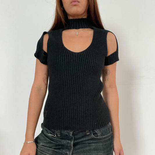 Black Cut-Out Structured Knitted Cop Copine Top