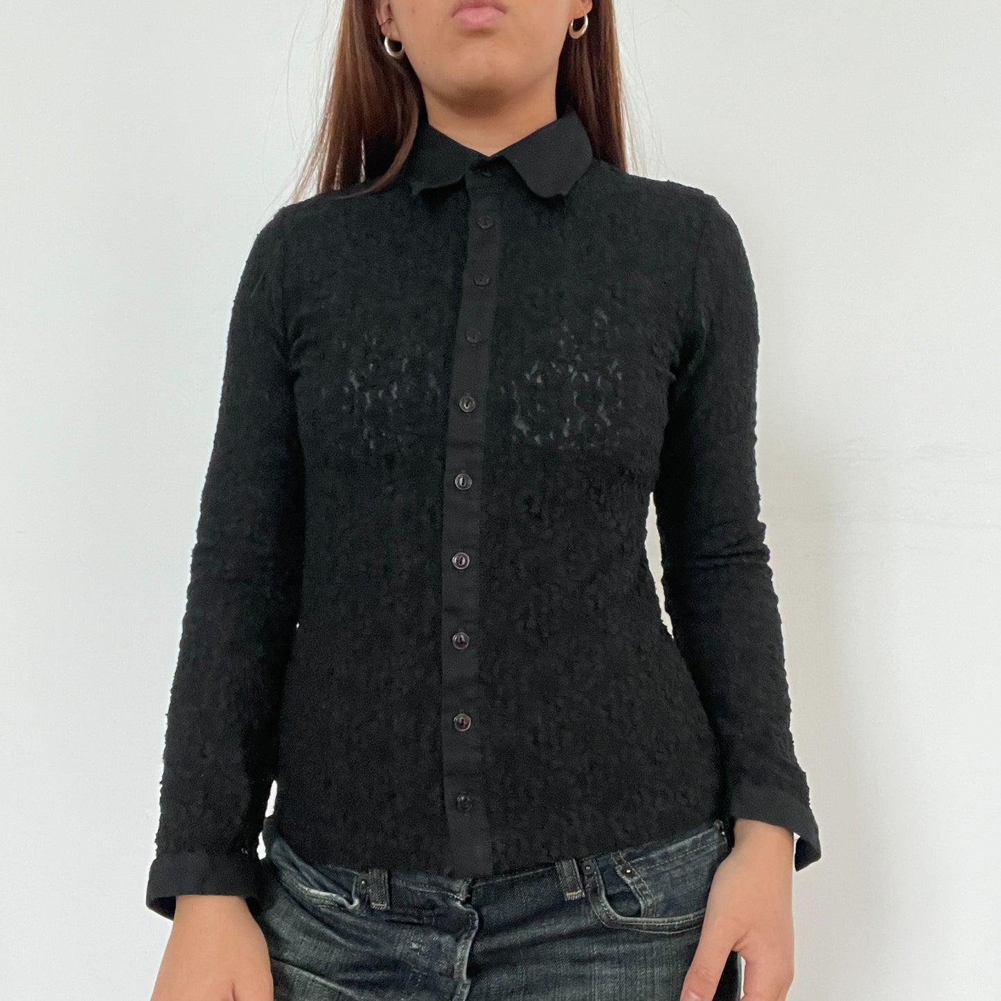 Black Textured Collared Button Up Shirt