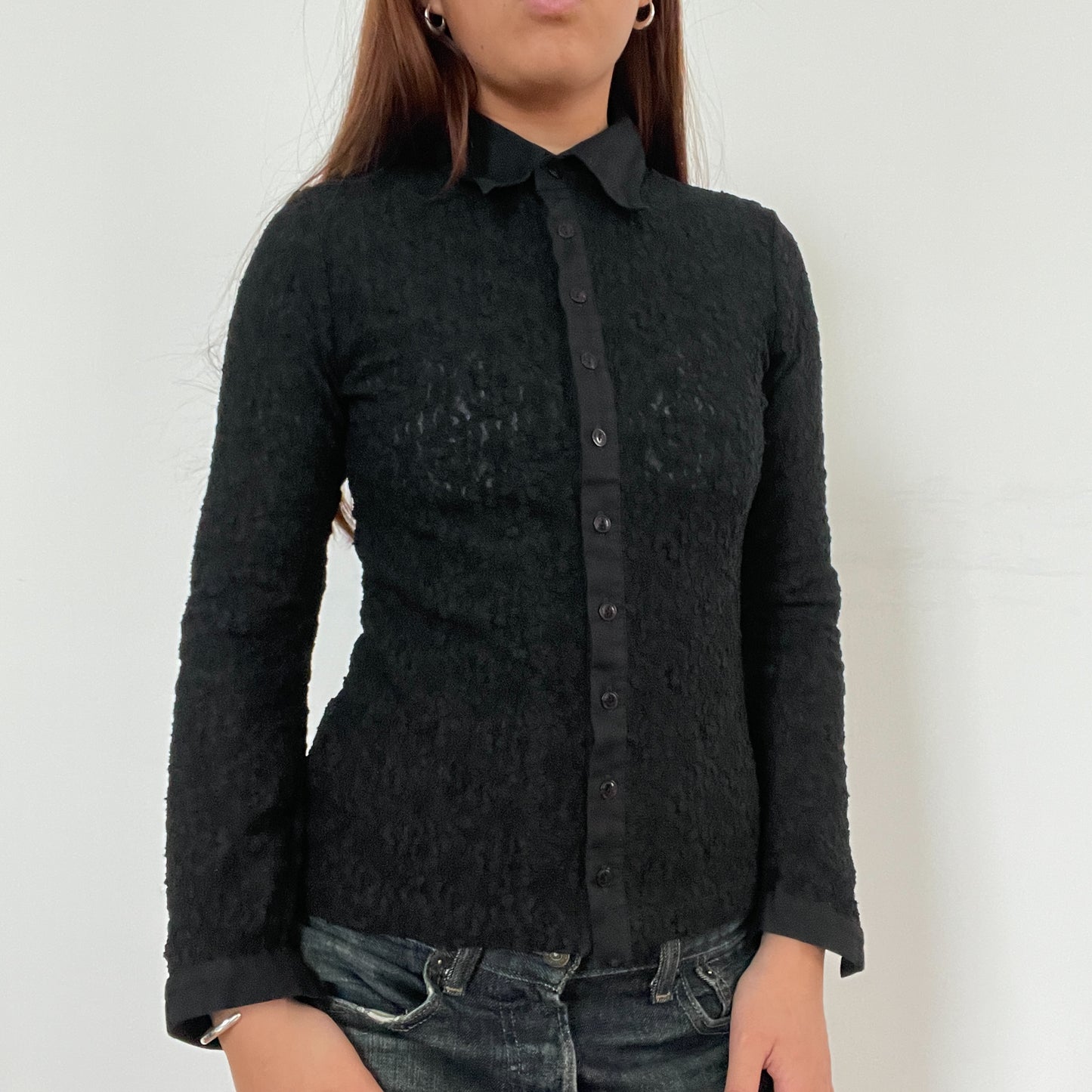 Black Textured Collared Button Up Shirt