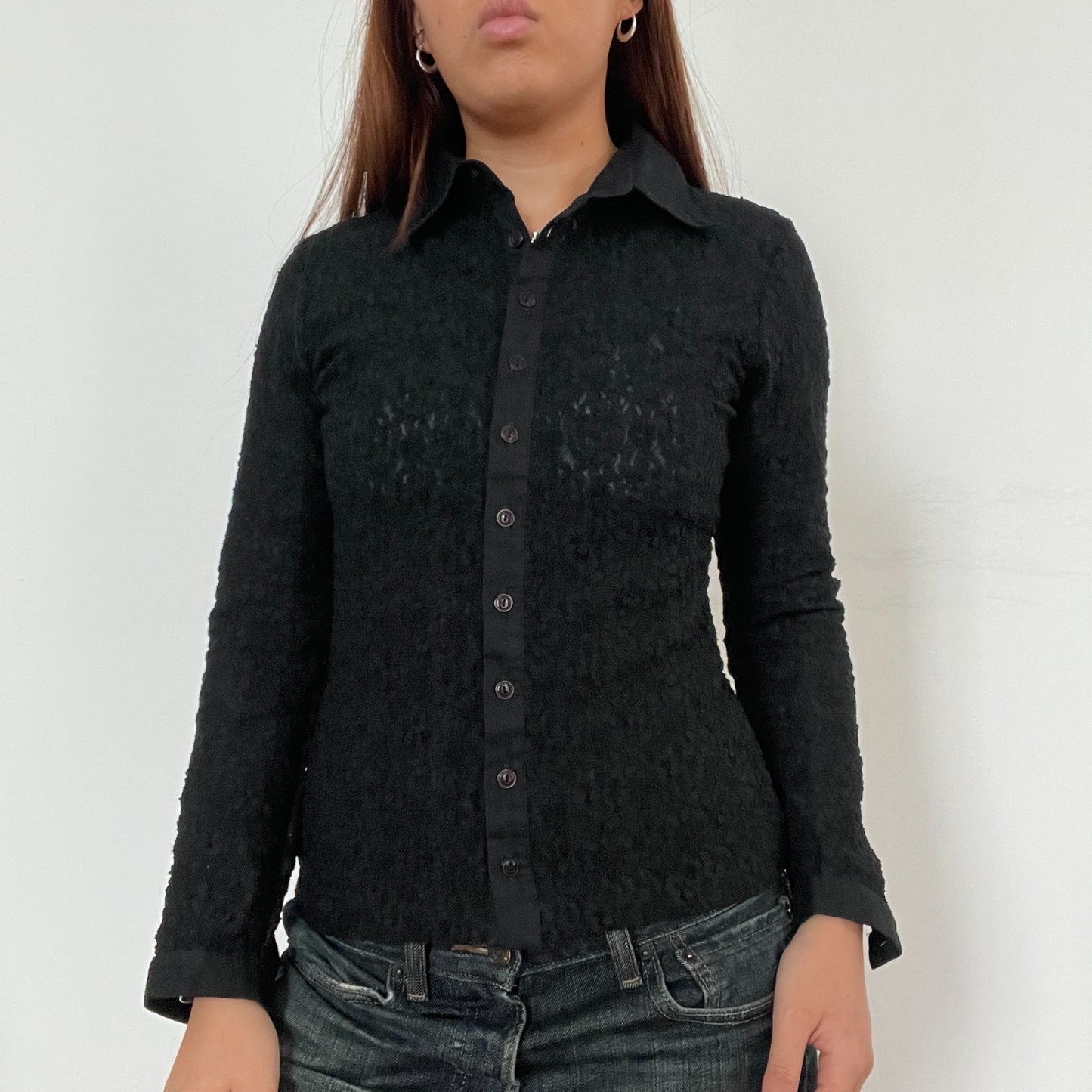 Black Textured Collared Button Up Shirt