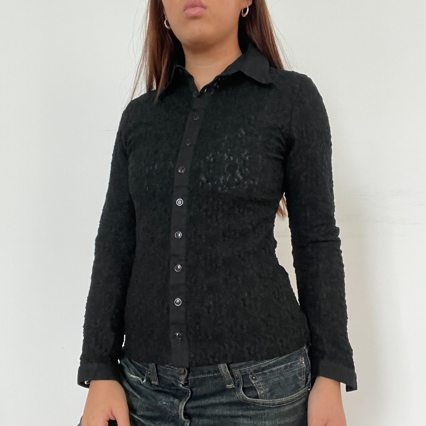 Black Textured Collared Button Up Shirt