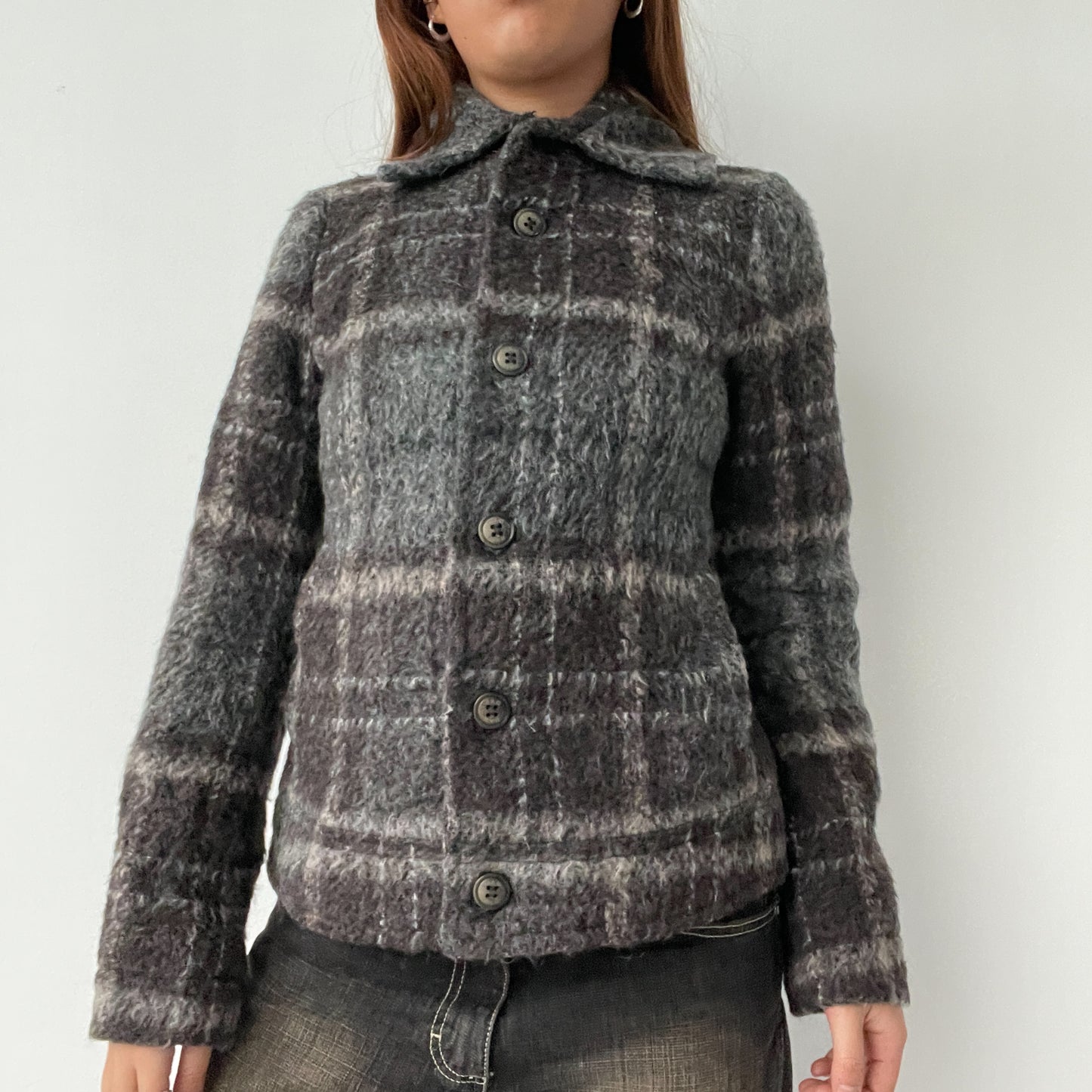 Black/Grey Checkered Fur Wool Collared Coat