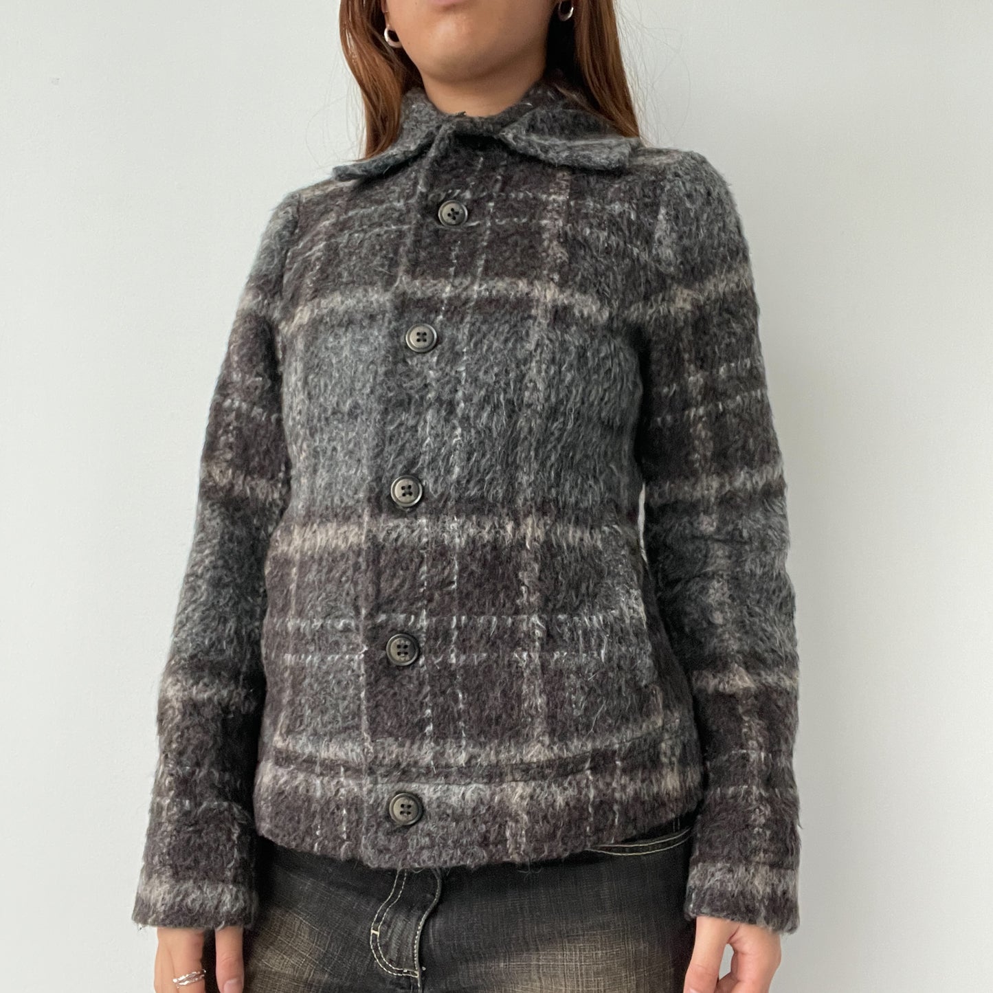 Black/Grey Checkered Fur Wool Collared Coat