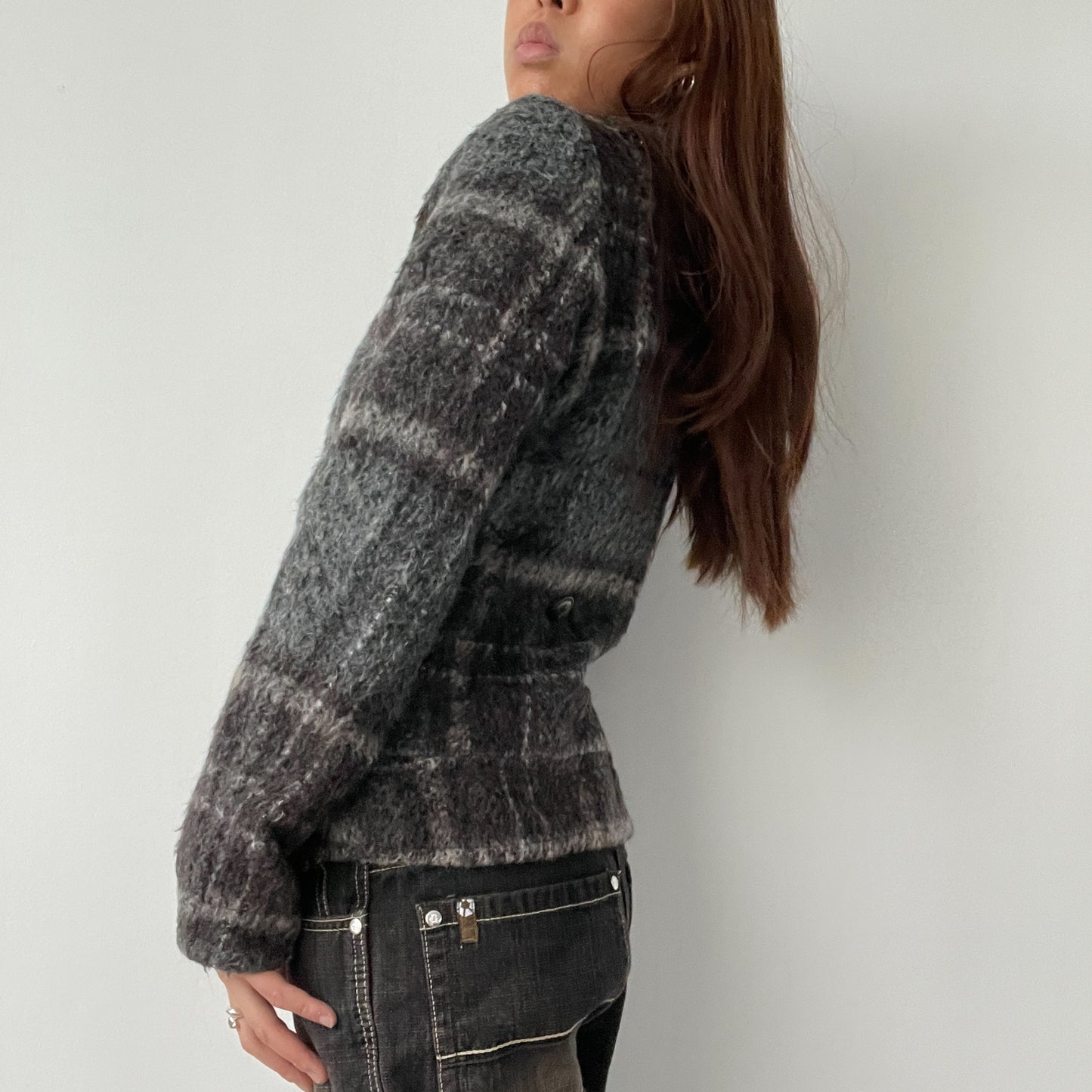 Black/Grey Checkered Fur Wool Collared Coat