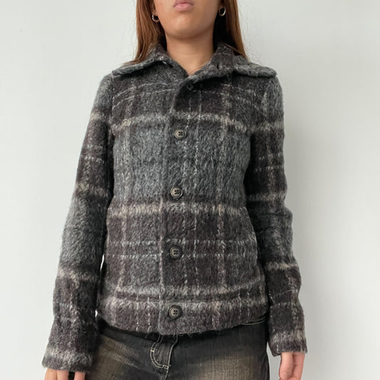 Black/Grey Checkered Fur Wool Collared Coat