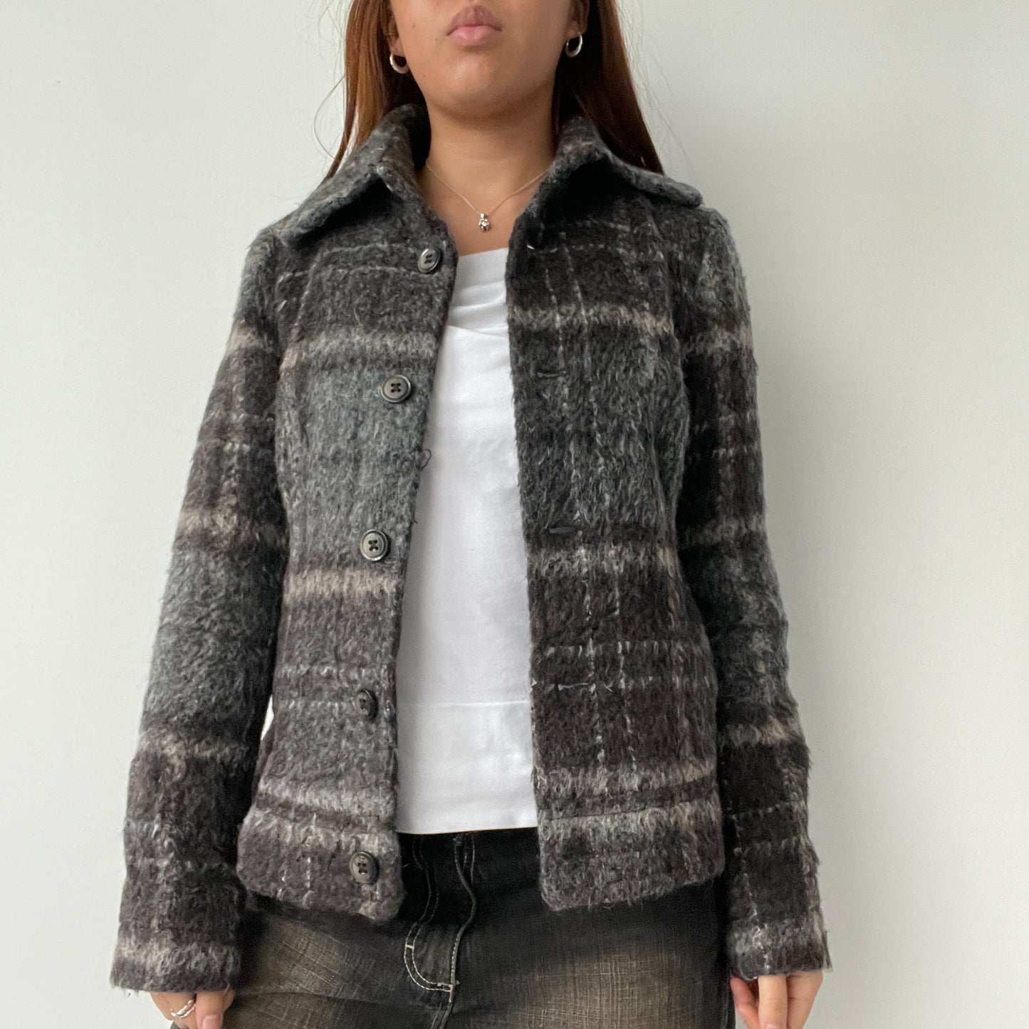 Black/Grey Checkered Fur Wool Collared Coat