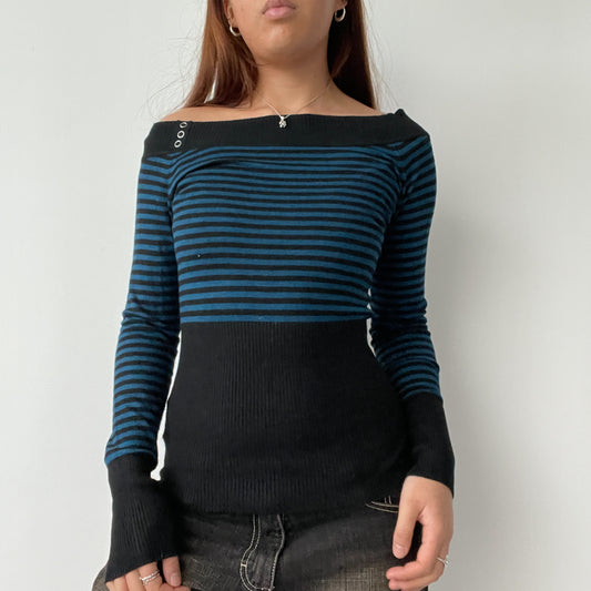 Black And Blue Stripy Bardot Long Sleeve