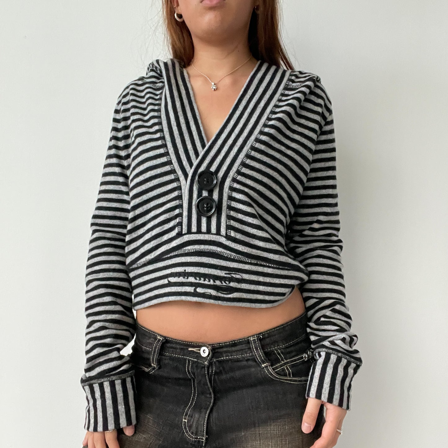 Black And Grey Stripy Cropped Long Sleeve