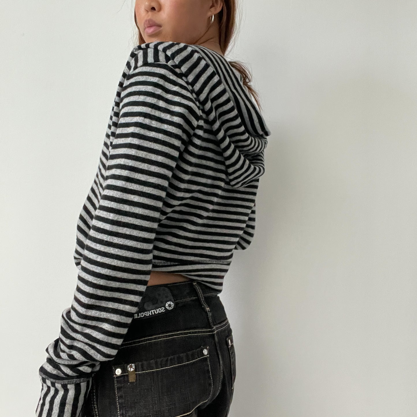 Black And Grey Stripy Cropped Long Sleeve