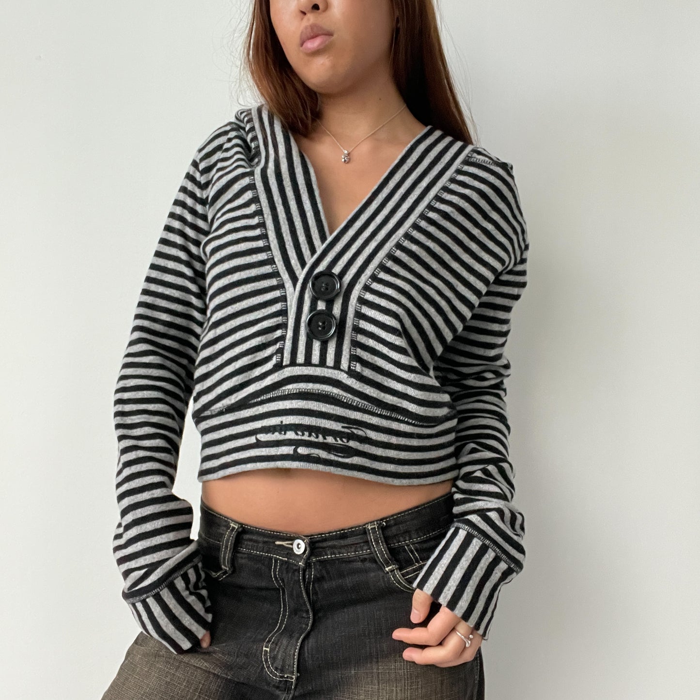 Black And Grey Stripy Cropped Long Sleeve