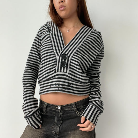 Black And Grey Stripy Cropped Long Sleeve