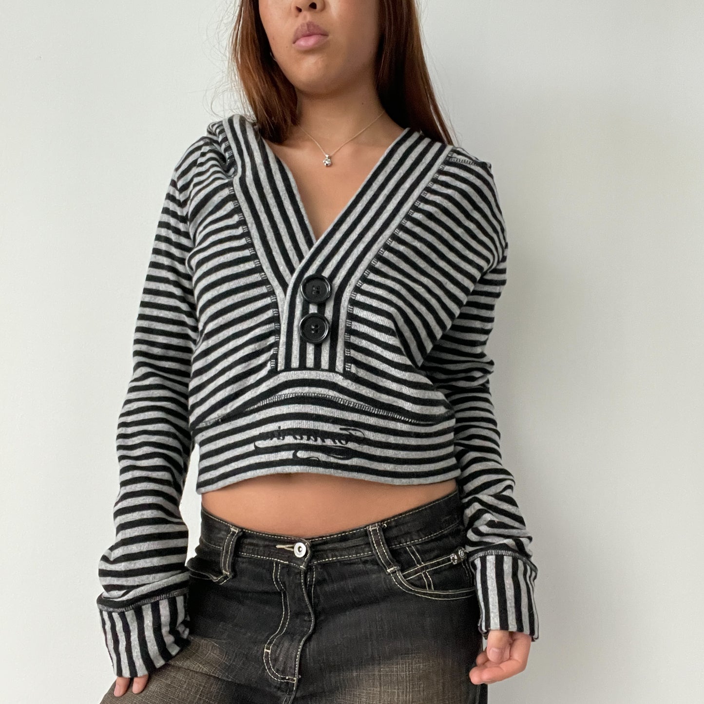 Black And Grey Stripy Cropped Long Sleeve