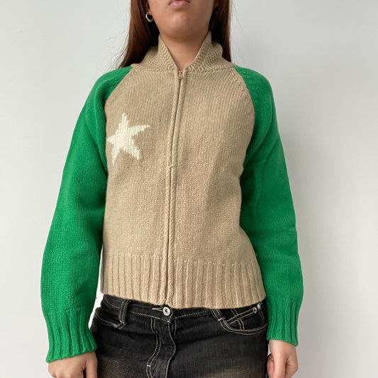 Green And Beige Contrast Knitted Jumper
