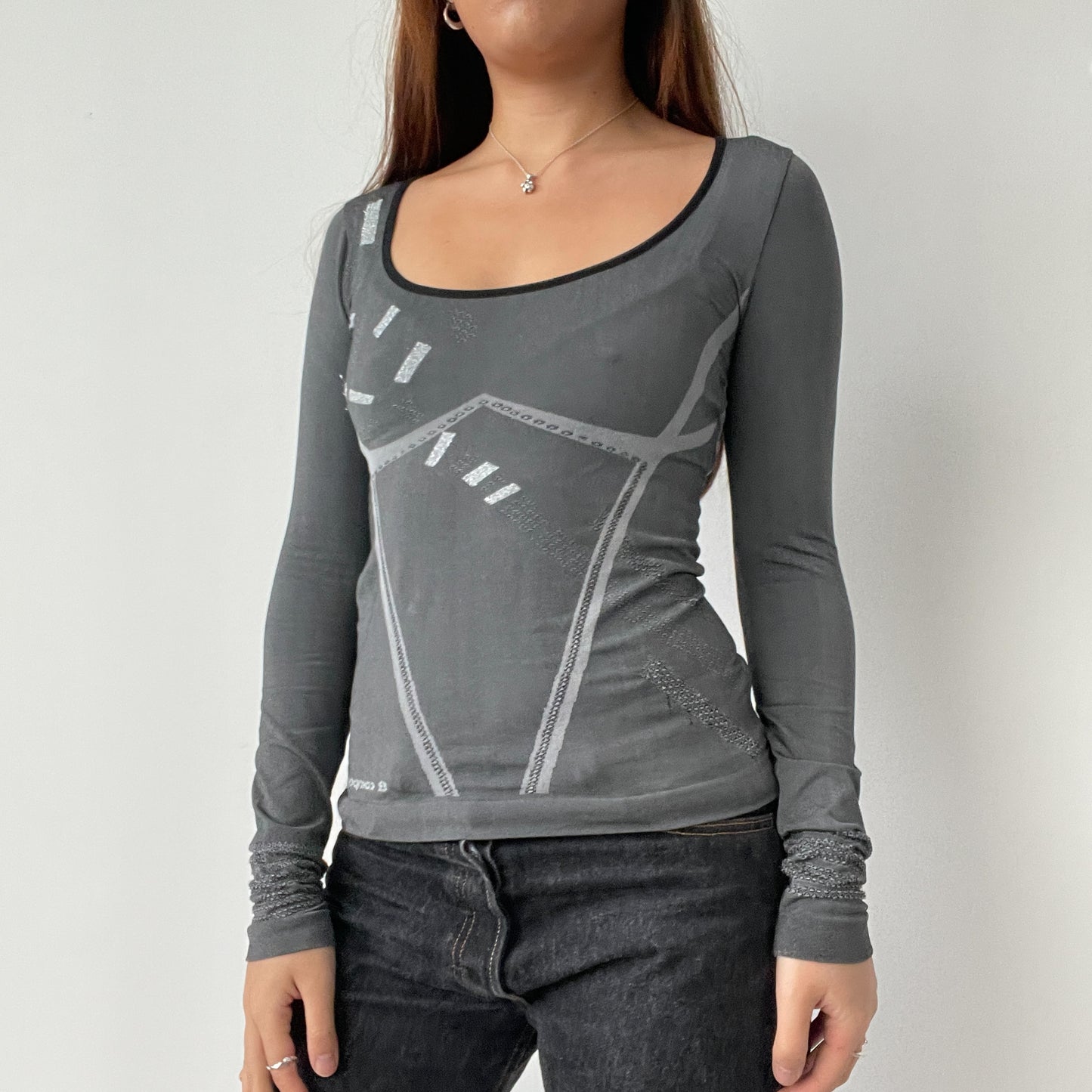 Grey Graphic Long Sleeve Top