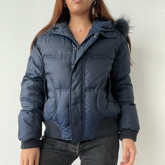 Blue Hooded Puffer Bomber Jacket