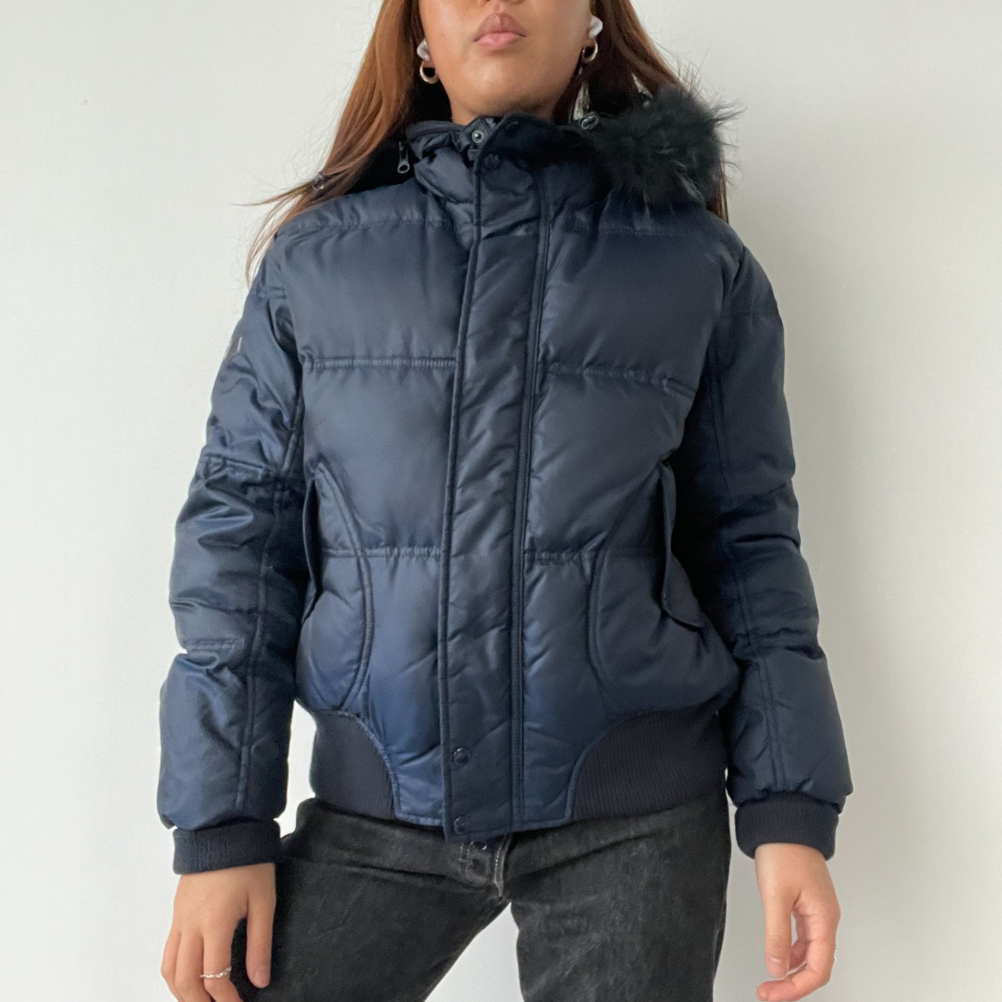 Blue Hooded Puffer Bomber Jacket