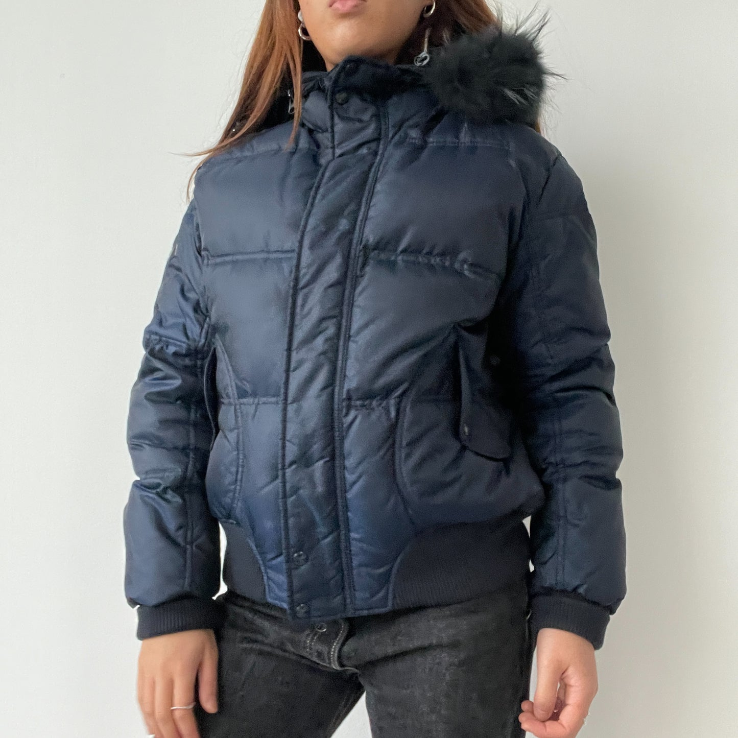 Blue Hooded Puffer Bomber Jacket