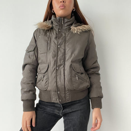 Brown Hooded Utility Bomber Jacket