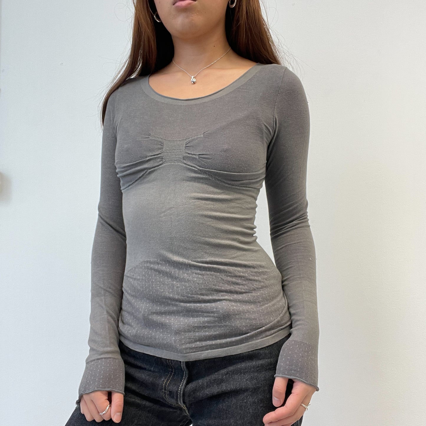 Grey Sheer Textured Long Sleeve Top