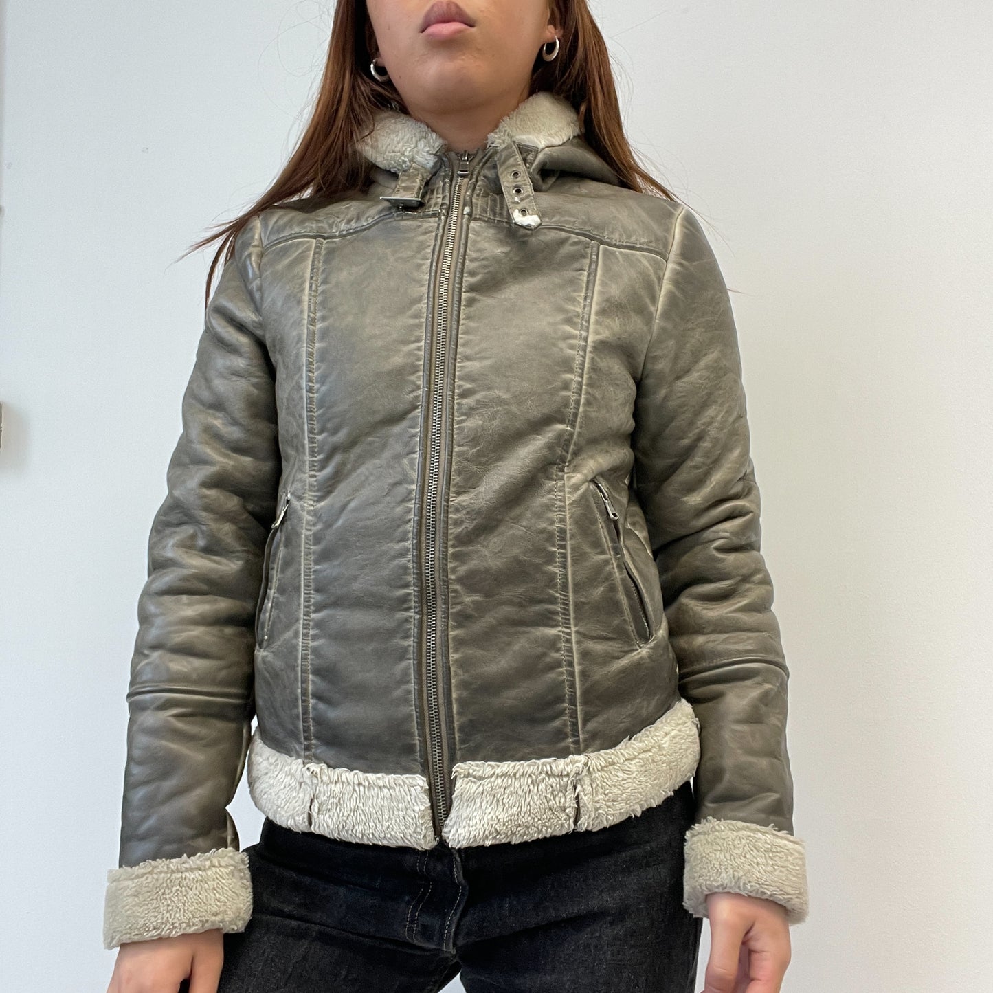Brown Washed Fur Collar Coat