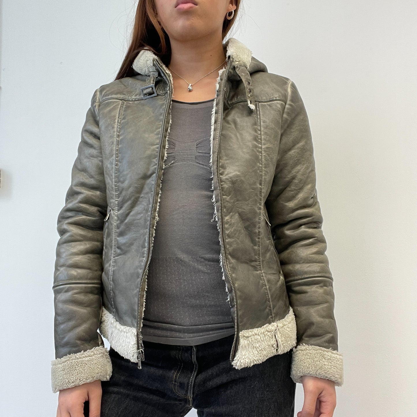 Brown Washed Fur Collar Coat