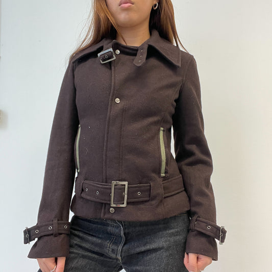 Brown Collared Wool Military Jacket