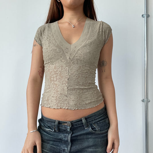 Italian Khaki Lace V Neck Top
