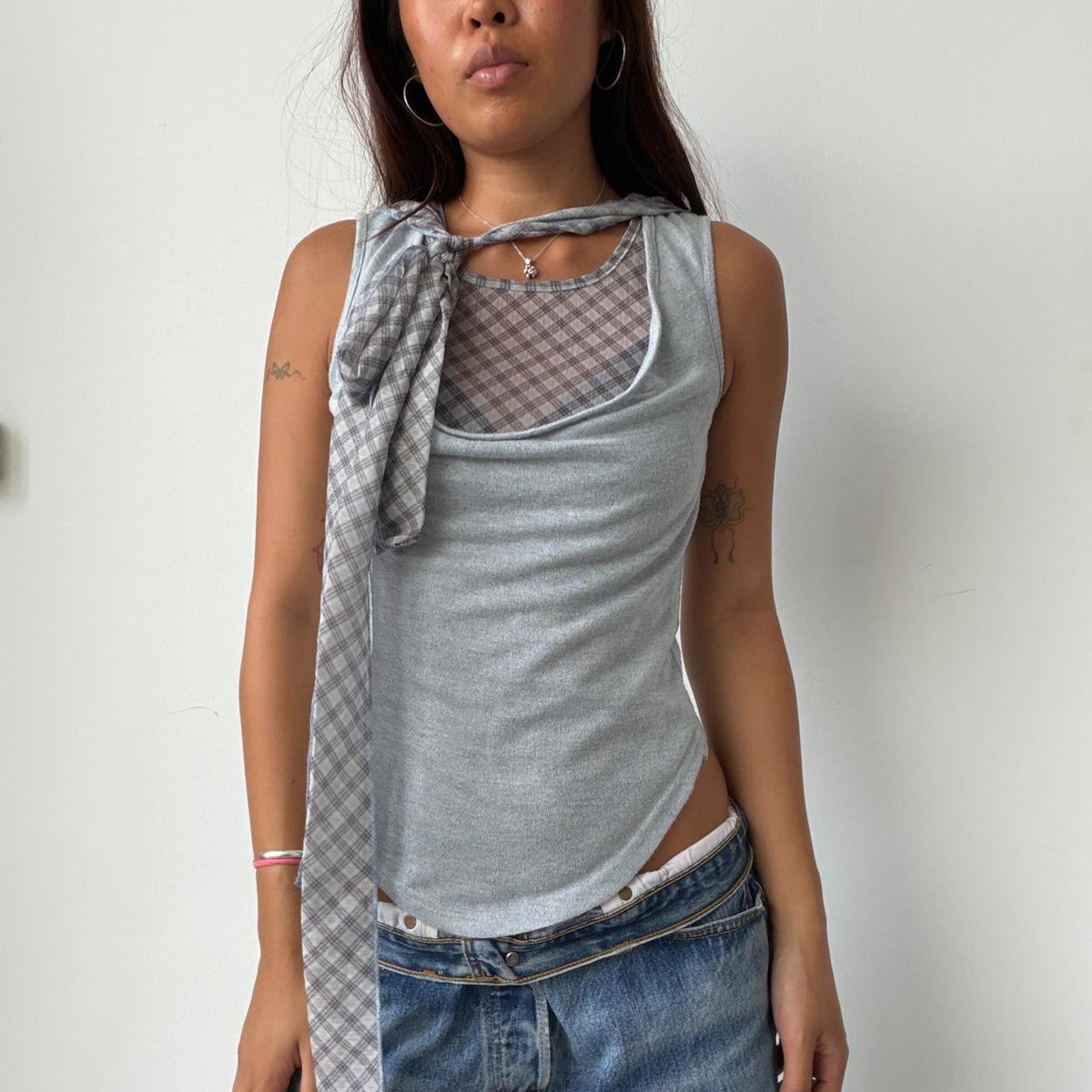 Vintage Grey Top with Sheer Tie Up