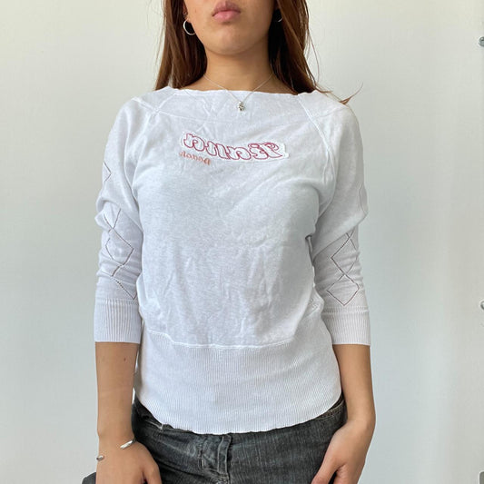 White Knitted Graphic Print Top