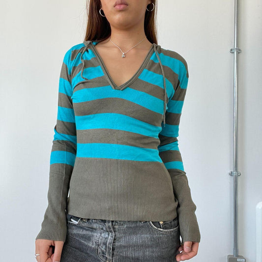 Brown/Blue Striped Knit Hoodie