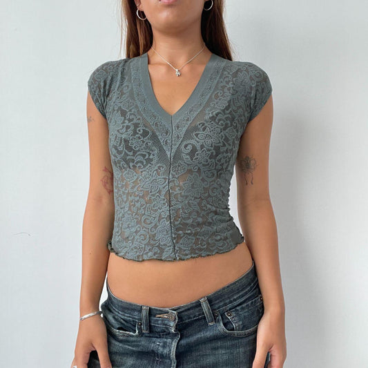 Vintage Khaki V Neck Lace Top